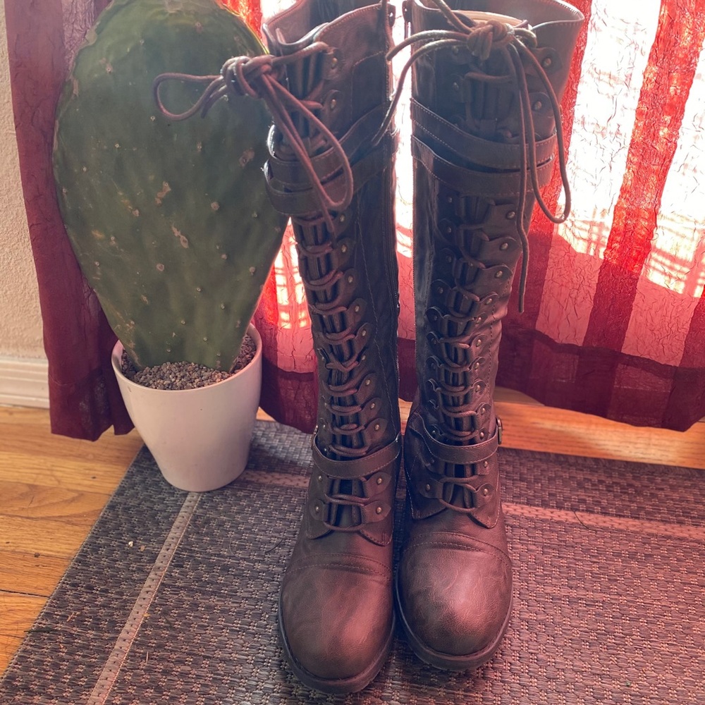 Brown knee high steampunk boots